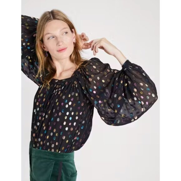 NWT Kate Spade Metallic Holiday Dots Belle Top Squareneck Polka Dot Silk XS - Picture 1 of 12